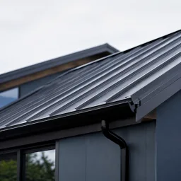 Dark metal roofing panels with clean gutter details