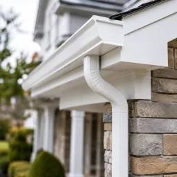 Freshly installed gutter and downspout on a clean home exterior