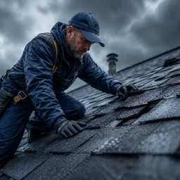 Roofing specialist inspecting storm damage on asphalt shingles