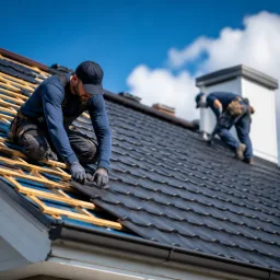 Residential roof installation crew working on a clean shingle roof